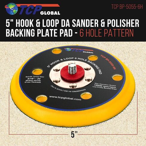 TCP Global 5" DA Sander & Polisher Backing Plate Pad, Hook & Loop, 6 Hole Pattern Dustless - Dual-Action Random Orbital Sanding Pad - Low Profile Edge, Medium Density - for Auto Woodworking Sandpaper in Saudi Arabia