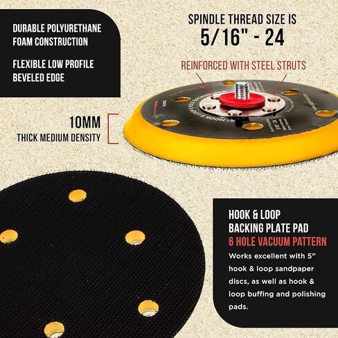TCP Global 5" DA Sander & Polisher Backing Plate Pad, Hook & Loop, 6 Hole Pattern Dustless - Dual-Action Random Orbital Sanding Pad - Low Profile Edge, Medium Density - for Auto Woodworking Sandpaper in Saudi Arabia