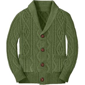 Boy's Sweater Cardigan Button Down Shawl Collar Cable Knitted Outwear Long Sleeve Sweater Coats with Pockets