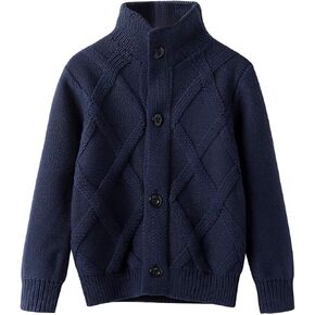 OCHENTA Boys' Chunky Knitted Button Down Turtleneck Cardigan Sweater