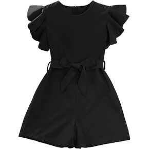 WDIRARA Girl's Flutter Cap Sleeve Crew Neck Dressy Belted Romper Cute Short Jumpsuit