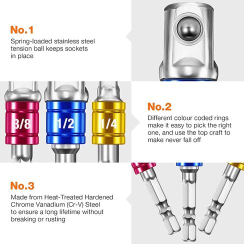 7 Pieces Power Drill Sockets Adapter Set, 3 Pieces 1/4 3/8 1/2 Inch Hex Shank Socket Adapter 3 Pieces 360 Degree Rotatable Impact Extension 1 Piece 105 Degree Right Angle Screwdriver Drill Bit in Saudi Arabia
