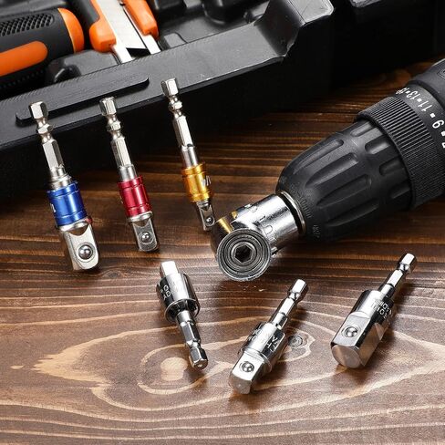 7 Pieces Power Drill Sockets Adapter Set, 3 Pieces 1/4 3/8 1/2 Inch Hex Shank Socket Adapter 3 Pieces 360 Degree Rotatable Impact Extension 1 Piece 105 Degree Right Angle Screwdriver Drill Bit in Saudi Arabia