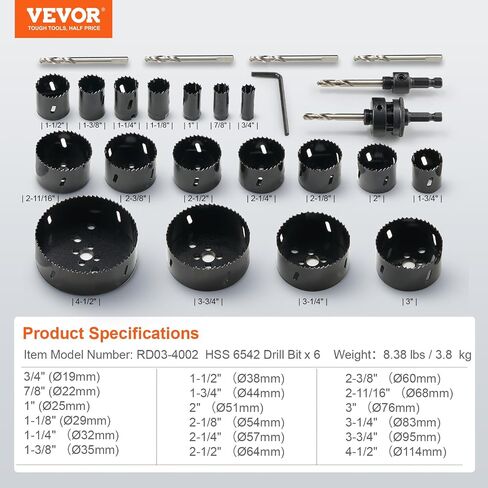 طقم منشار ثقب VEVOR، 18 قطعة من شفرات المنشار، 6 لقم ثقب، 1 مفتاح ربط سداسي، مجموعة منشار ثقب M42 ثنائي المعدن مع حقيبة حمل، حجم للأغراض العامة من 3/4 بوصة إلى 4-1/2 بوصة، مثالي لألواح الخشب والحديد ولوحة بلاستيكية in Saudi Arabia
