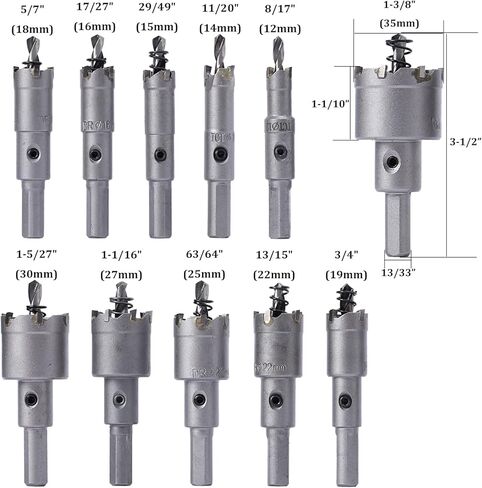 مجموعات منشار ثقب سبائك التنغستن، قواطع منشار ثقب كربيد TCT 3-1/2 بوصة تمديد ثقب المنشار المعدني للفولاذ المقاوم للصدأ والنحاس والحديد والألومنيوم 11 قطعة 8/17 ~ 1-3/8 بوصة in Kuwait