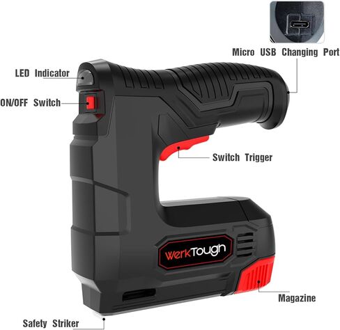 ويرك تاف مسدس دبابيس لاسلكي 4 فولت 2 في 1 كيبل USB مجاني، 2000 قطعة من دبابيس وبراد مسامير مجانية (T90: 8 ملم × 1000 + 6 ملم × 500 قطعة، 18GA: 10 ملم × 500) in Kuwait