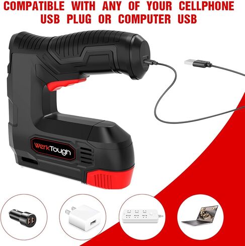 ويرك تاف مسدس دبابيس لاسلكي 4 فولت 2 في 1 كيبل USB مجاني، 2000 قطعة من دبابيس وبراد مسامير مجانية (T90: 8 ملم × 1000 + 6 ملم × 500 قطعة، 18GA: 10 ملم × 500) in Kuwait