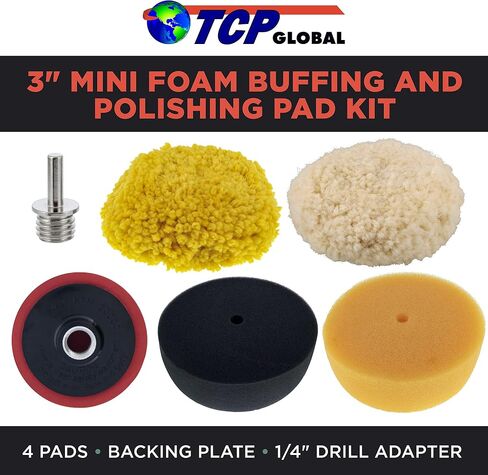 TCP Global Brand 3" Mini Buffing and Polishing Pad Kit with 4 Pads, Backing Plate, and 1/4" Drill Adapter in Saudi Arabia