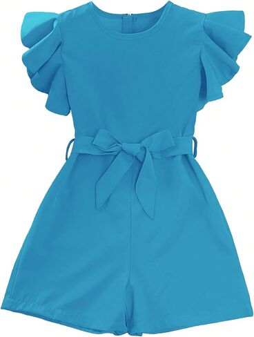 WDIRARA Girl's Flutter Cap Sleeve Crew Neck Dressy Belted Romper Cute Short Jumpsuit in Saudi Arabia