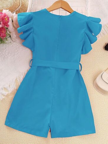WDIRARA Girl's Flutter Cap Sleeve Crew Neck Dressy Belted Romper Cute Short Jumpsuit in Saudi Arabia