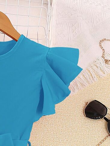 WDIRARA Girl's Flutter Cap Sleeve Crew Neck Dressy Belted Romper Cute Short Jumpsuit in Saudi Arabia