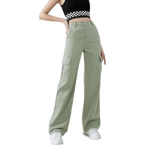 SweatyRocks Girl's Casual Elastic Waist Zip Up Denim Pants Straight Leg Cargo Jeans with Pocket