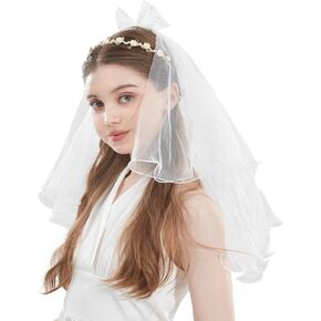 مجموعة حجاب Yelsky First Communion Veil، دانتيل أبيض مع حجاب مناولة بفيونكة لؤلؤية للكاثوليك، تاج إكليل من الزهور البيضاء للفتيات