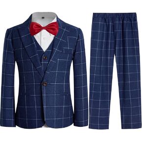 Boys Plaid Suit Set 4 Pieces Blazer Vest Pants Classic Formal Suit for Wedding Party