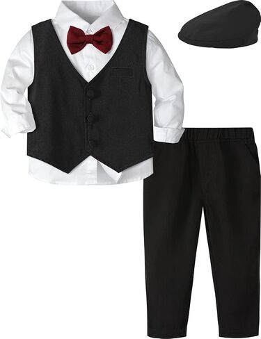 A&J DESIGN Toddler 4-Piece Formal Suits Baby Boy Gentleman Outfit with Dress Shirt, Bow Tie, Vest, Pants and Flat Hat in Kuwait