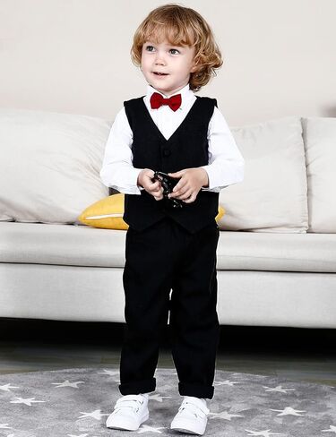 A&J DESIGN Toddler 4-Piece Formal Suits Baby Boy Gentleman Outfit with Dress Shirt, Bow Tie, Vest, Pants and Flat Hat in Kuwait