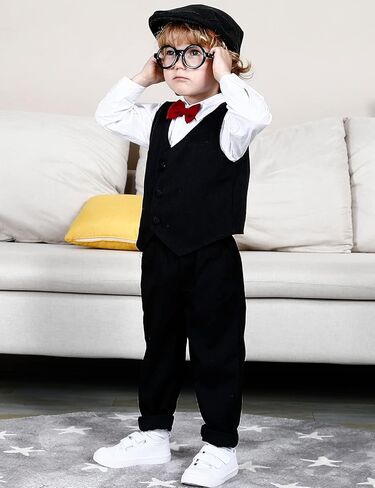 A&J DESIGN Toddler 4-Piece Formal Suits Baby Boy Gentleman Outfit with Dress Shirt, Bow Tie, Vest, Pants and Flat Hat in Kuwait