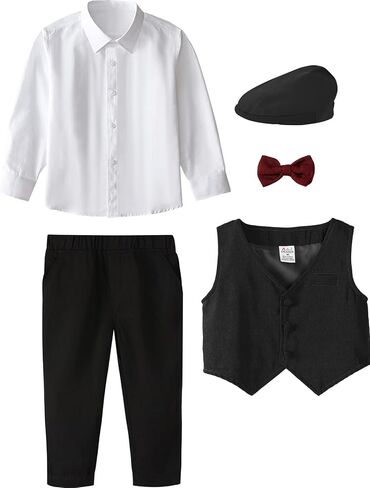 A&J DESIGN Toddler 4-Piece Formal Suits Baby Boy Gentleman Outfit with Dress Shirt, Bow Tie, Vest, Pants and Flat Hat in Kuwait