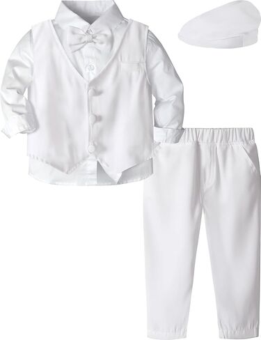 A&J DESIGN Toddler 4-Piece Formal Suits Baby Boy Gentleman Outfit with Dress Shirt, Bow Tie, Vest, Pants and Flat Hat in Kuwait