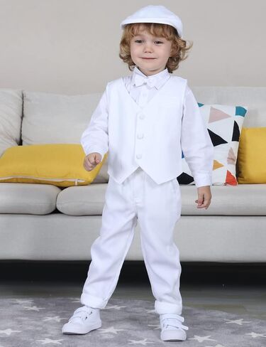 A&J DESIGN Toddler 4-Piece Formal Suits Baby Boy Gentleman Outfit with Dress Shirt, Bow Tie, Vest, Pants and Flat Hat in Kuwait