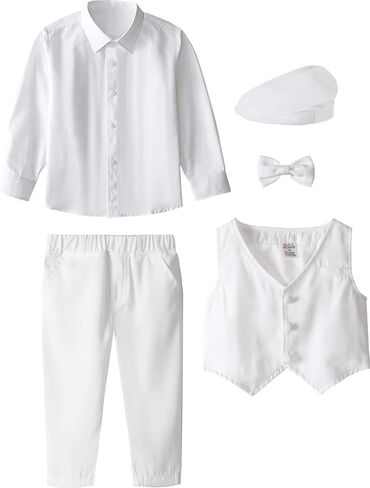 A&J DESIGN Toddler 4-Piece Formal Suits Baby Boy Gentleman Outfit with Dress Shirt, Bow Tie, Vest, Pants and Flat Hat in Kuwait