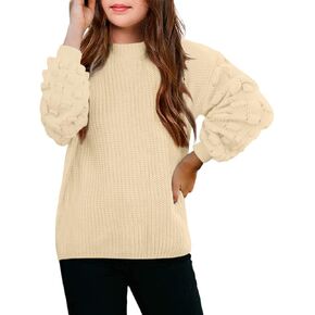 Arshiner Girls Crewneck Sweaters Chunky Lantern Sleeve Knit Jumper Tops Casual Drop Shoulder Pullover Outwear for 5-13 Years