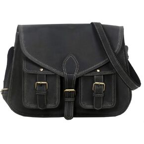 KPL 14 Inch Leather Purse Women Shoulder Bag Crossbody Satchel Ladies Tote Travel Purse Genuine Leather (Charcoal Black Buffalo Leather)