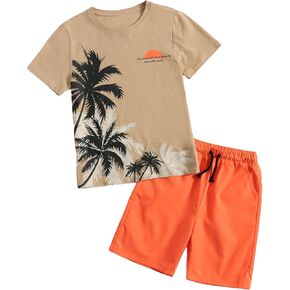 OYOANGLE Boy's 2 Piece Outfits Casual Graphic Short Sleeve Tee Shirt and Shorts Set