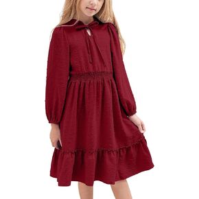 فستان Glaoly للفتيات بلون سادة وأكمام طويلة وربطة عنق سويسرية وحاشية أمامية متأرجحة للخريف للفتيات مقاس 5-12 in Kuwait