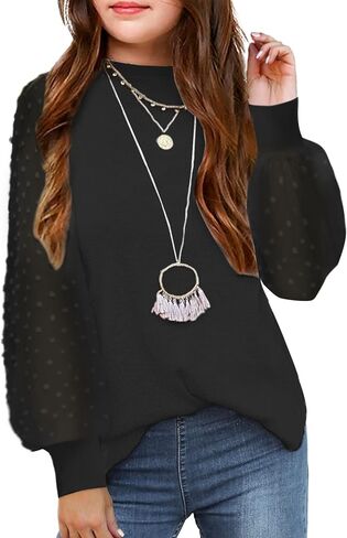 Arshiner Girls Puff Long Sleeve Sweaters Crewneck Lace Polka Dot Casual Knit Tops Pullover Jumper Outwear for Kids in Kuwait