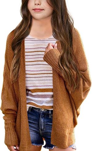 Imily Bela Girls Cardigans Kids Casual Batwing Sleeve Open Front Knitted Sweater in Kuwait