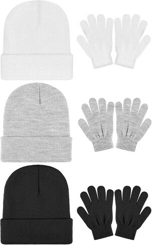 Cooraby 6 Pack Kid's Winter Beanies Hat Full Fingers Gloves Set Skull Winter Caps Stretchy Gloves for Boys Girls in Kuwait
