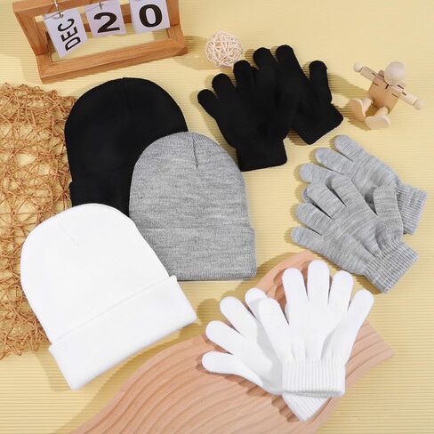 Cooraby 6 Pack Kid's Winter Beanies Hat Full Fingers Gloves Set Skull Winter Caps Stretchy Gloves for Boys Girls in Kuwait