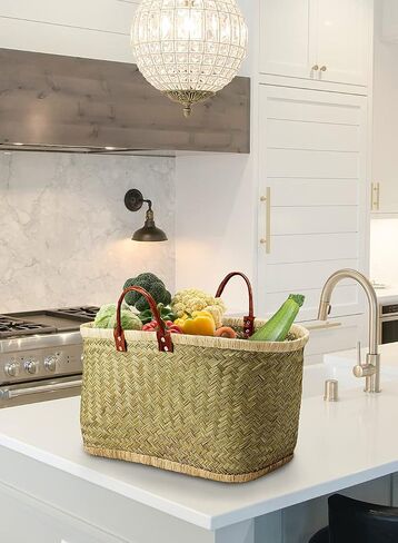 Serene Spaces Living Large Handmade Straw Tote Bag Paired with Leather Handles, Raffia Lined Handbag, Straw Beach Bag, Summer Tote for Everyday Use, Grocery Shopping, 23" Long, 10.5" Wide & 13.5" Tall in Kuwait