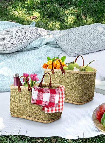 Serene Spaces Living Large Handmade Straw Tote Bag Paired with Leather Handles, Raffia Lined Handbag, Straw Beach Bag, Summer Tote for Everyday Use, Grocery Shopping, 23" Long, 10.5" Wide & 13.5" Tall in Kuwait