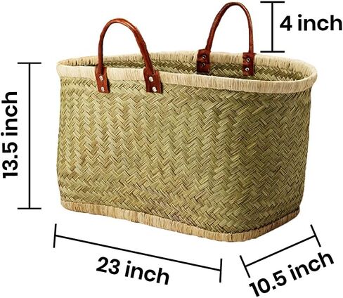 Serene Spaces Living Large Handmade Straw Tote Bag Paired with Leather Handles, Raffia Lined Handbag, Straw Beach Bag, Summer Tote for Everyday Use, Grocery Shopping, 23" Long, 10.5" Wide & 13.5" Tall in Kuwait