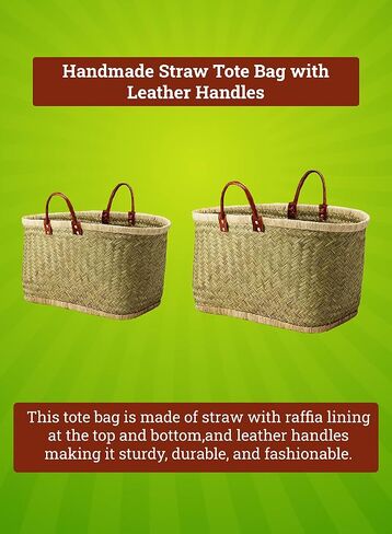 Serene Spaces Living Large Handmade Straw Tote Bag Paired with Leather Handles, Raffia Lined Handbag, Straw Beach Bag, Summer Tote for Everyday Use, Grocery Shopping, 23" Long, 10.5" Wide & 13.5" Tall in Kuwait