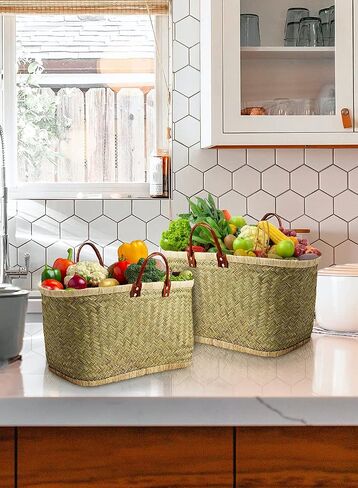 Serene Spaces Living Large Handmade Straw Tote Bag Paired with Leather Handles, Raffia Lined Handbag, Straw Beach Bag, Summer Tote for Everyday Use, Grocery Shopping, 23" Long, 10.5" Wide & 13.5" Tall in Kuwait