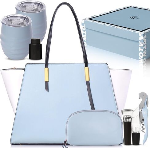 Open The Wine Complete Package Chic Wine Handbag Bundle All In One Wine Kit - Ideal Gift For Wine lovers - Light Blue And White in Kuwait