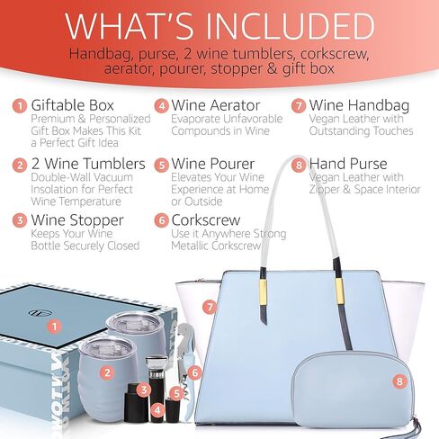 Open The Wine Complete Package Chic Wine Handbag Bundle All In One Wine Kit - Ideal Gift For Wine lovers - Light Blue And White in Kuwait