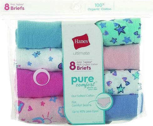 ملابس داخلية Hanes Ultimate للفتيات، سراويل داخلية مريحة نقية 100% من القطن العضوي، سراويل داخلية وهيبستر، 8 قطع in Kuwait