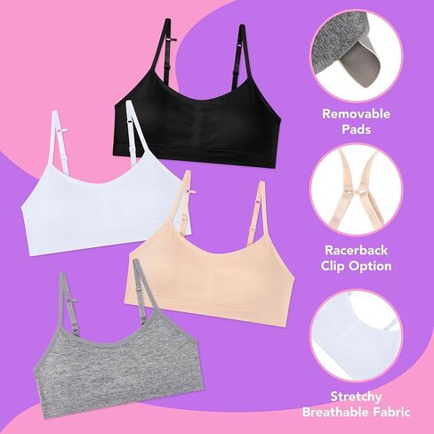 4 Pack Girls Padded Training Bras - Crop Cami Bras for Girls with Removable Padding in Kuwait