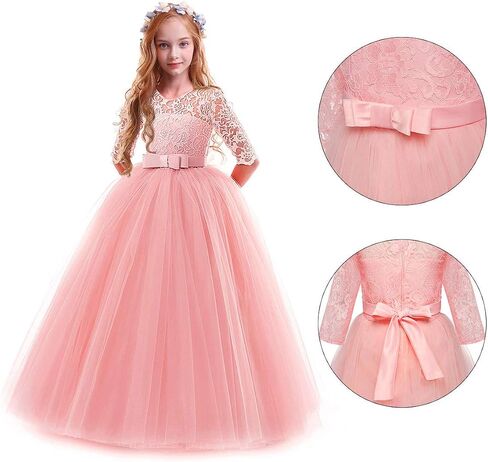 Flower Girl Lace Dress for Kids Wedding Bridesmaid Pageant Party Prom Formal Ball Gown Princess Puffy Tulle Dresses in Kuwait