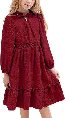 فستان Glaoly للفتيات بلون سادة وأكمام طويلة وربطة عنق سويسرية وحاشية أمامية متأرجحة للخريف للفتيات مقاس 5-12 in Kuwait