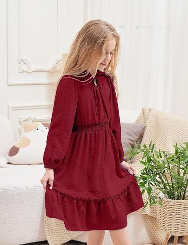 فستان Glaoly للفتيات بلون سادة وأكمام طويلة وربطة عنق سويسرية وحاشية أمامية متأرجحة للخريف للفتيات مقاس 5-12 in Kuwait