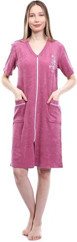 Women's Terry Cotton Zipper Front Short Sleeve Two Pocket Robe Sleepwear Beach Dress in Kuwait