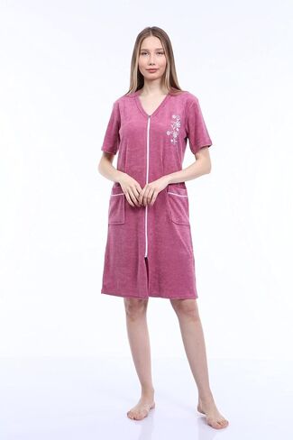 Women's Terry Cotton Zipper Front Short Sleeve Two Pocket Robe Sleepwear Beach Dress in Kuwait