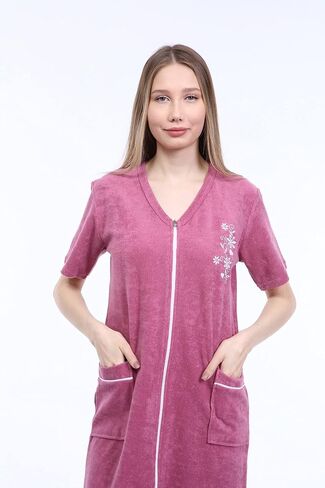 Women's Terry Cotton Zipper Front Short Sleeve Two Pocket Robe Sleepwear Beach Dress in Kuwait