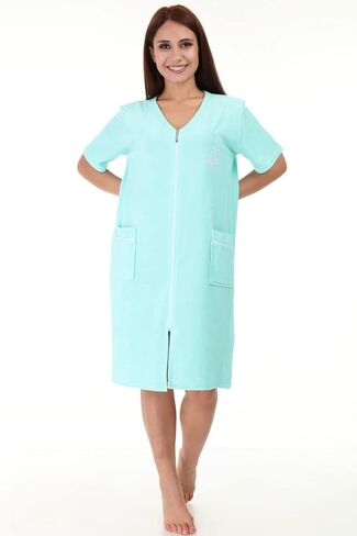 Women's Terry Cotton Zipper Front Short Sleeve Two Pocket Robe Sleepwear Beach Dress in Kuwait
