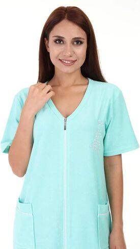 Women's Terry Cotton Zipper Front Short Sleeve Two Pocket Robe Sleepwear Beach Dress in Kuwait